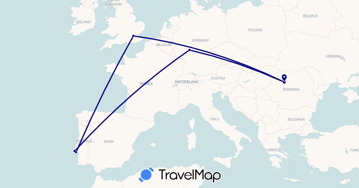 TravelMap itinerary: driving in Germany, United Kingdom, Portugal, Romania (Europe)